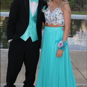 2 piece turquoise prom dress